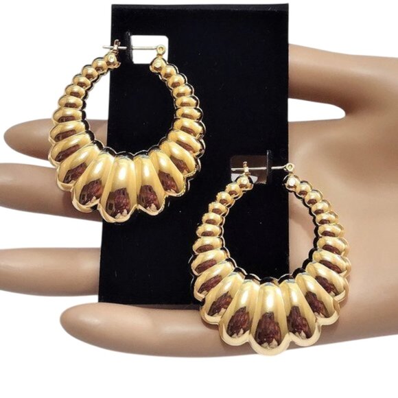 45mm Made In The USA Shrimp Hoops Pierced Earrings Gold Plated Ribbed Rings